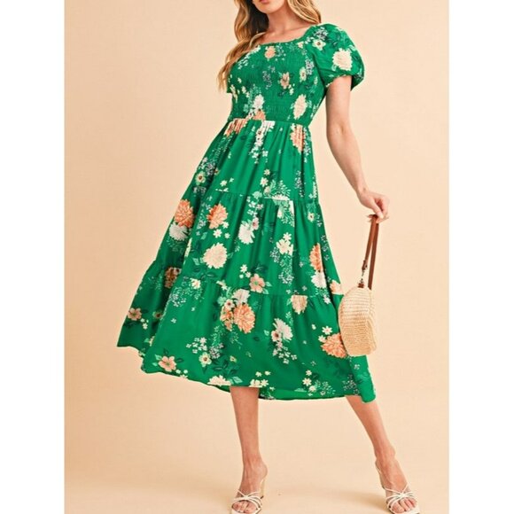 Green Floral Smocked Puff Sleeve Midi Dress For Women - Picture 1 of 12
